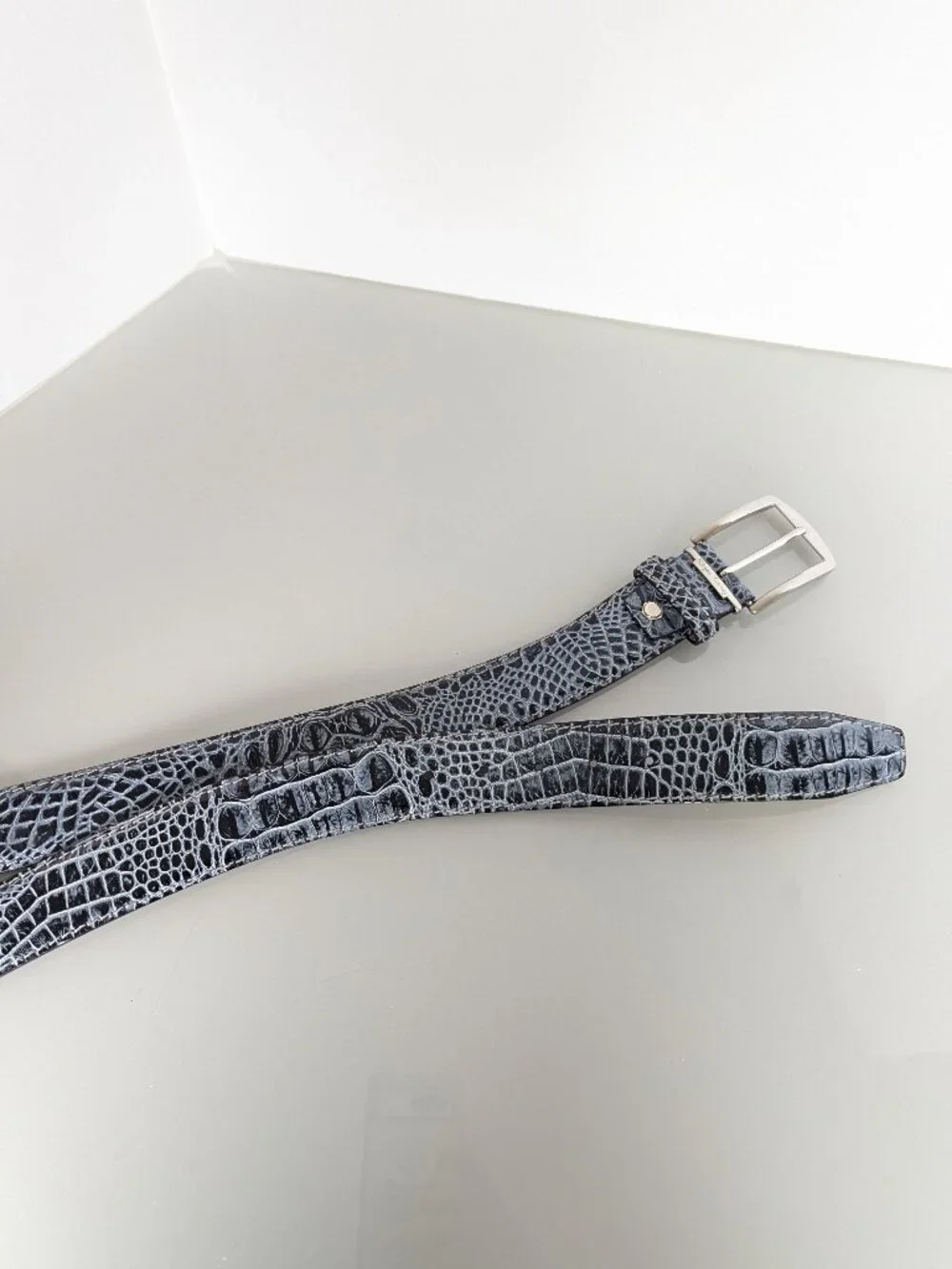 Roger Ximenez Black Shadow Mock Croc Embossed Italian Leather Belt Brass Buckle